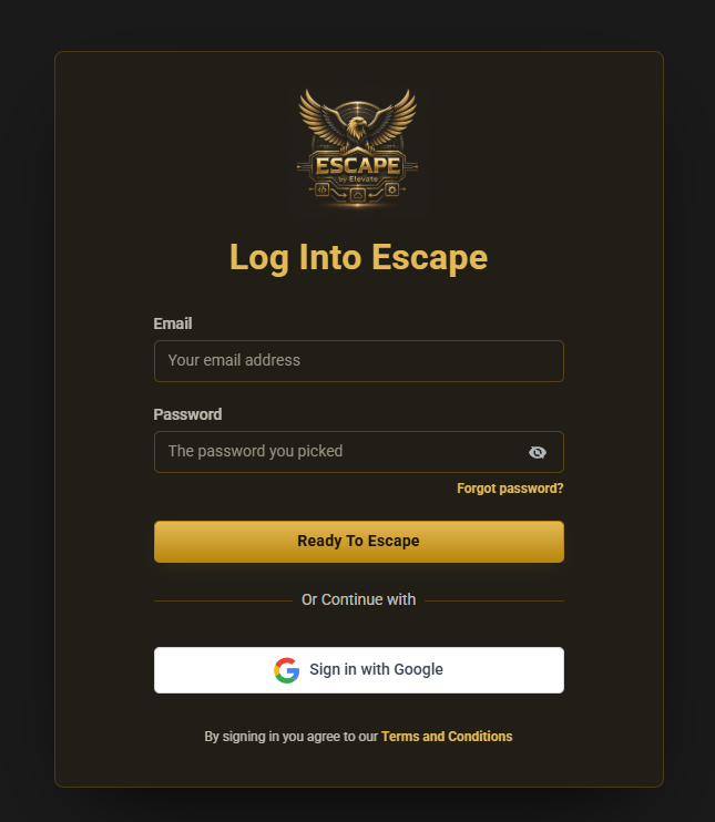 The Escape login page at app.escapefieldops.com