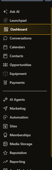 The main navigation — Conversations, Contacts, Calendars, Opportunities, Payments
