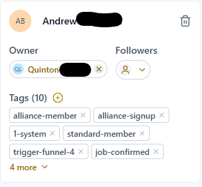 A member's contact record — membership tags visible at a glance