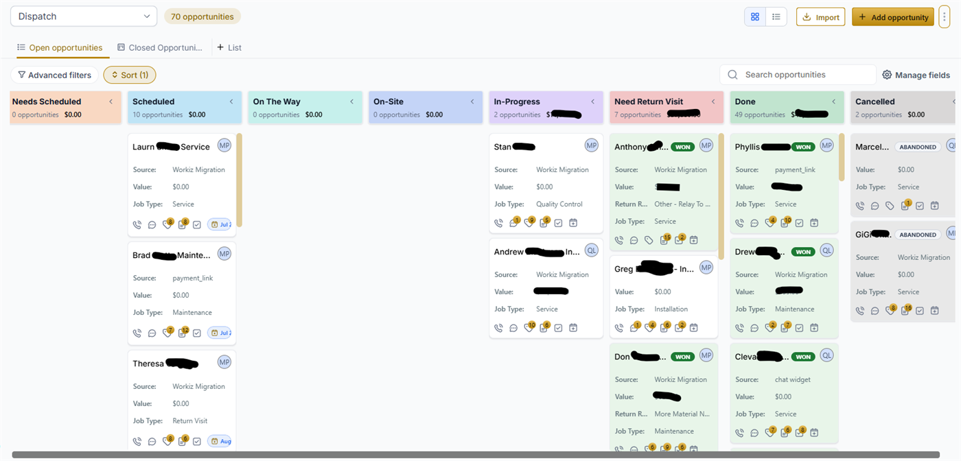 The dispatch board — every job as a card, moving left to right