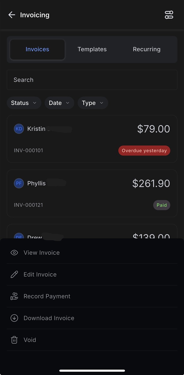 Recording a payment from the mobile app