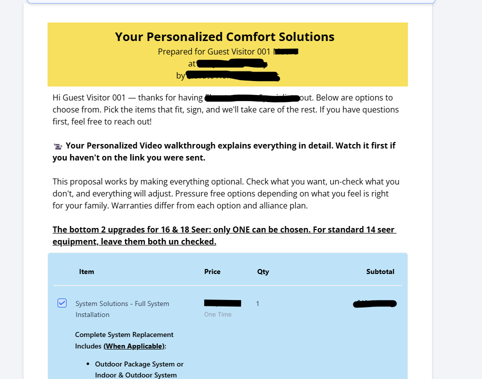 The top of a DEB proposal — options are selectable right on the document